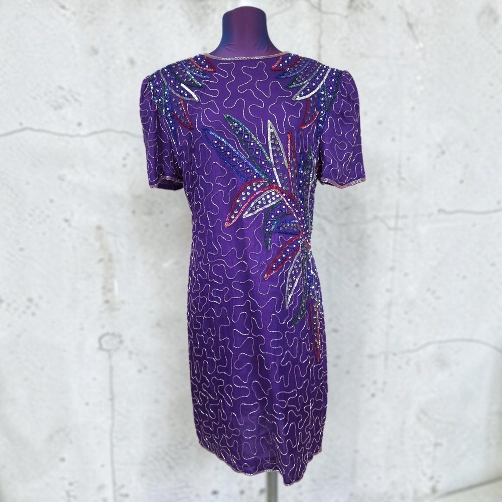 Sweelo Purple Silk Beaded Sequin Sheath Dress XL 12 Cocktail Formal Vintage